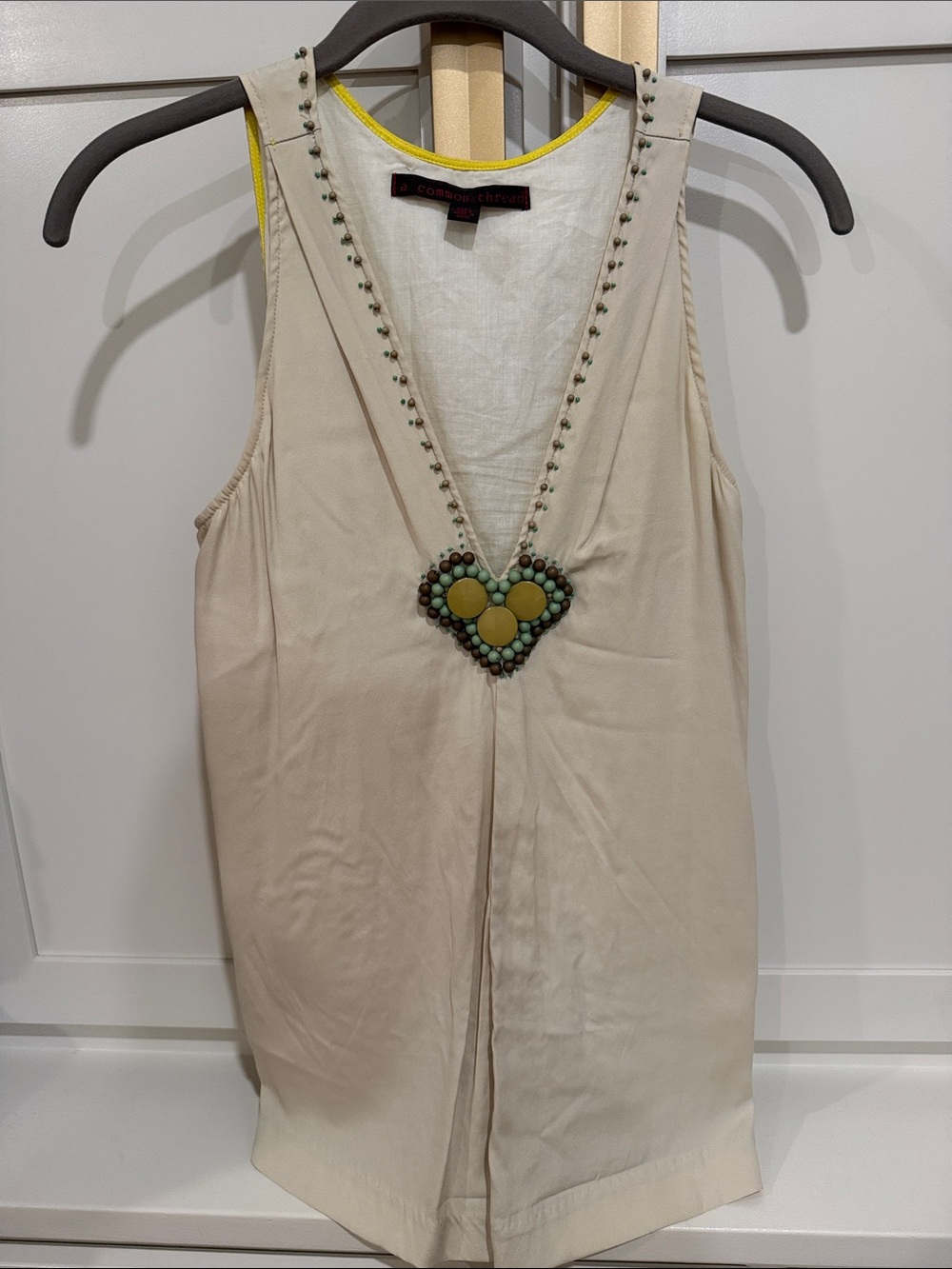 Cream Bead-Embellished Sleeveless V-Neck Top